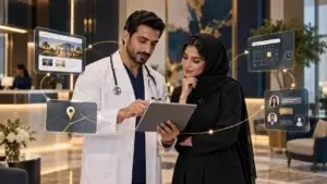 طبيب ومسؤولة تسويق يناقشان رحلة المريض الرقمية داخل عيادة حديثة