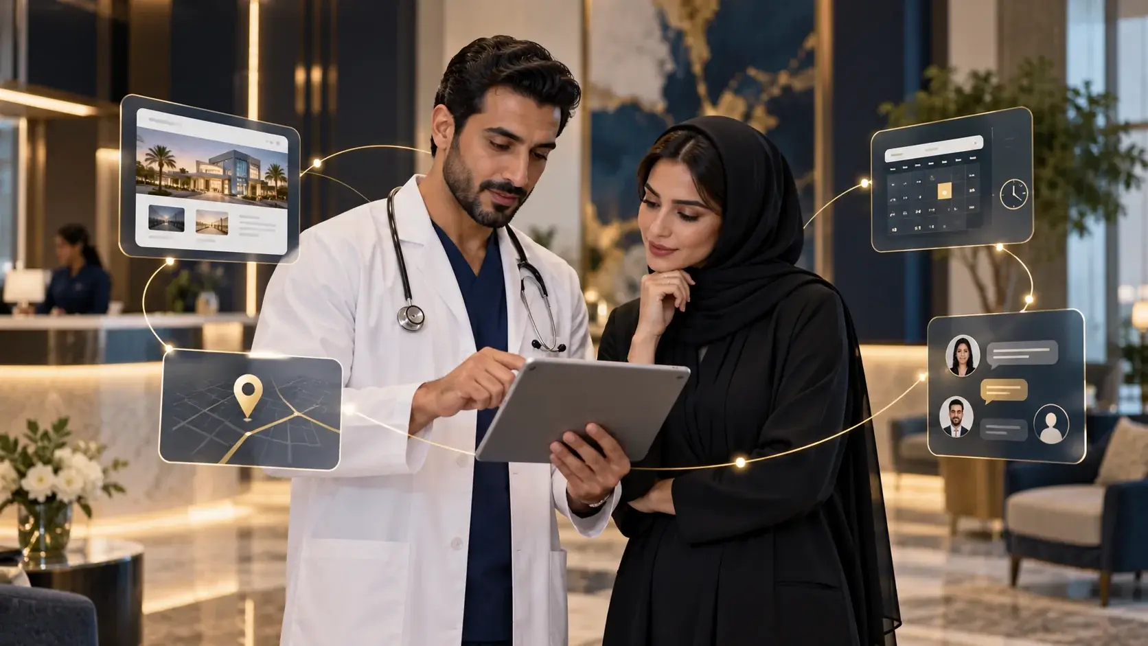 طبيب ومسؤولة تسويق يناقشان رحلة المريض الرقمية داخل عيادة حديثة