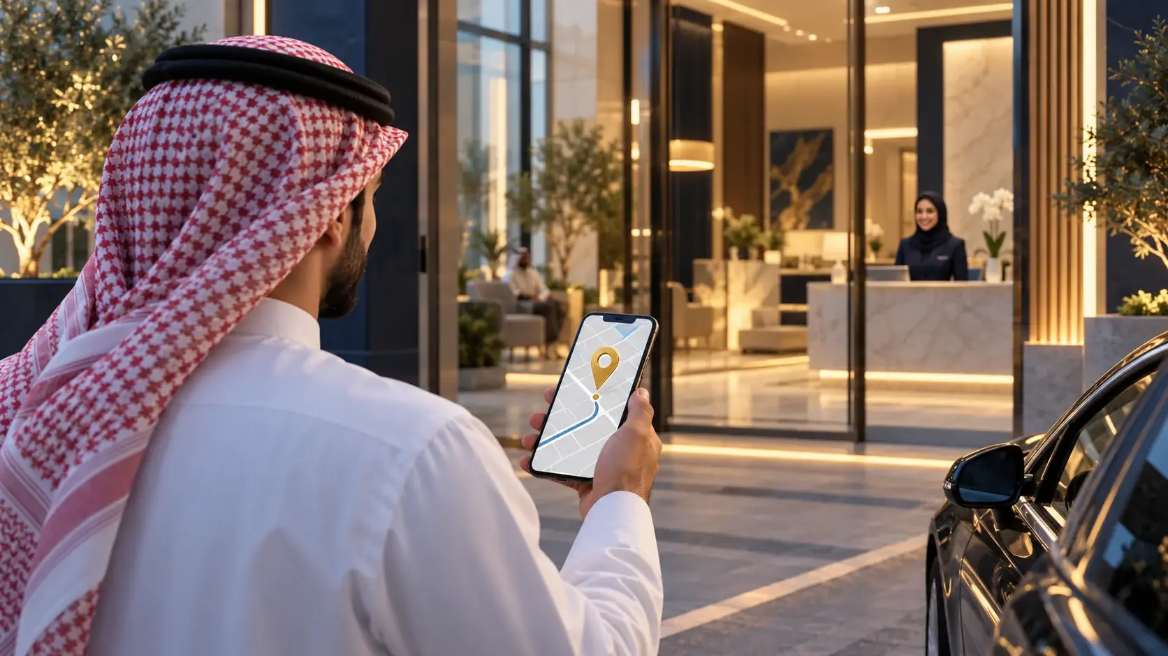 مراجع يستخدم خريطة على الهاتف للوصول إلى عيادة حديثة