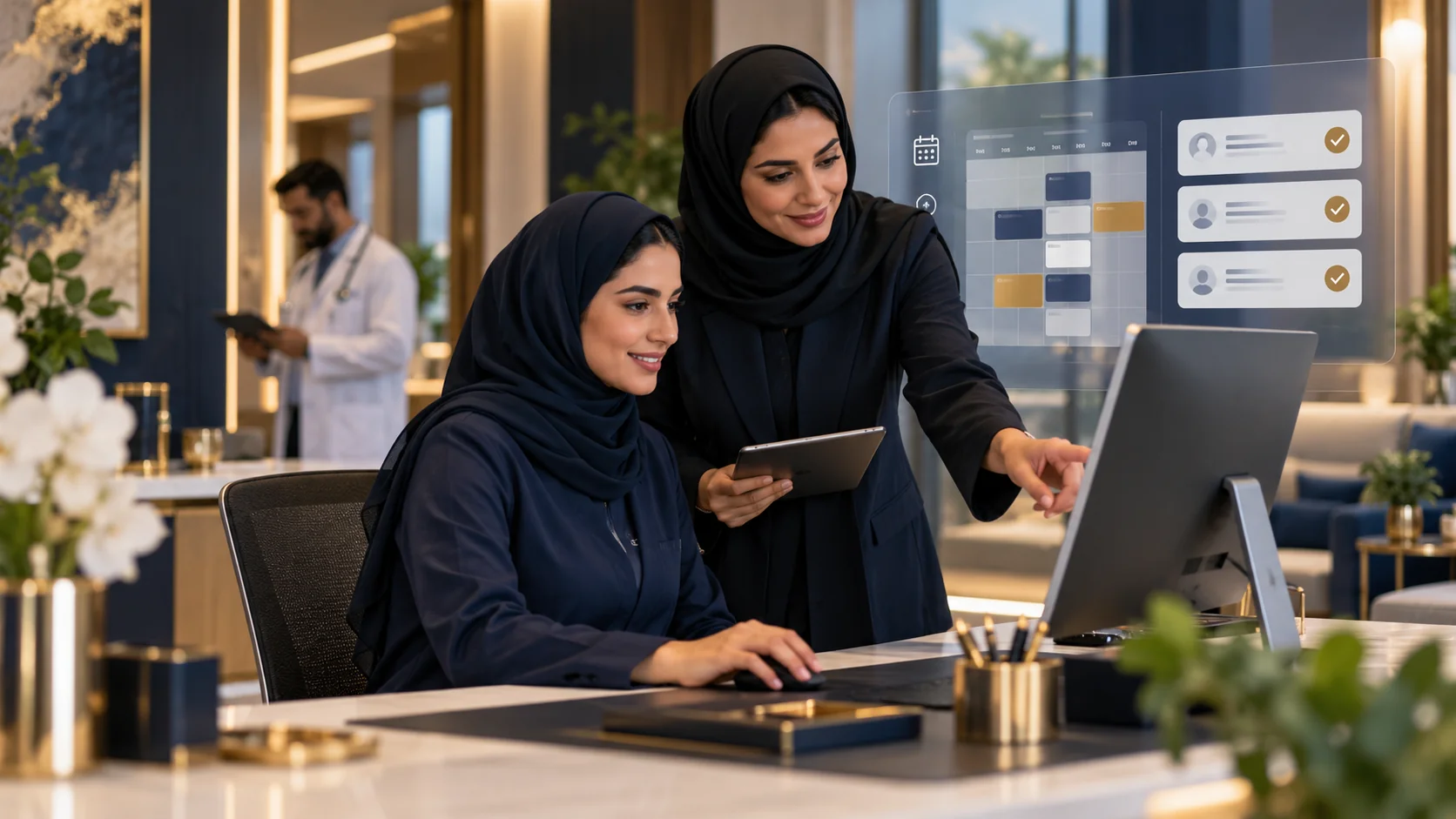 مديرة عيادة وموظفة استقبال تراجعان جدول مواعيد رقميًا على شاشة